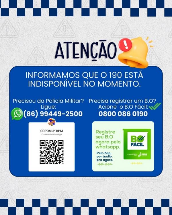 3º BPM de Floriano informa alteração temporária no atendimento telefônico da Polícia Militar