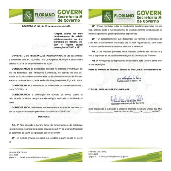 Decreto estabelece novo hor&aacute;rio limite de funcionamento para bares e restaurantes em Floriano (Imagem:Divulga&ccedil;&atilde;o)