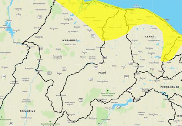 Piauí permanece com alerta de chuvas intensas para a região Norte. (Imagem:Inmet)