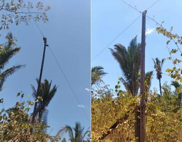 Rede elétrica no interior do Piauí tem postes de madeira unidos por arames