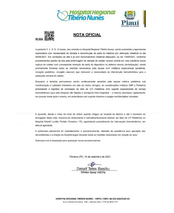 Nota emitida pelo diretor do HRTN, Davyd Bas&iacute;lio(Imagem:Divulga&ccedil;&atilde;o)