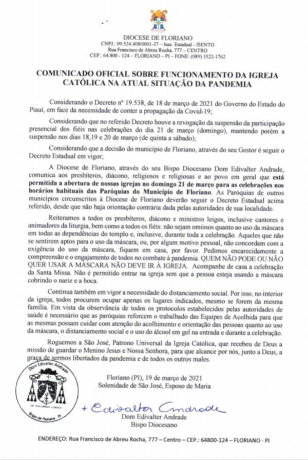 Dom Edivalter emite comunicado oficial sobre as celebra&ccedil;&otilde;es cat&oacute;licas no fim de semana(Imagem:Reprodu&ccedil;&atilde;o)