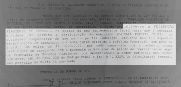 Intima&ccedil;&atilde;o encaminhada a Federa&ccedil;&atilde;o de Futebol do Piau&iacute; pedia afastamento do Cai&ccedil;ara.(Imagem:Reprodu&ccedil;&atilde;o)