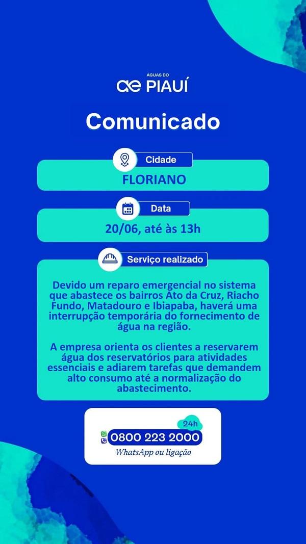 &Aacute;guas do Piau&iacute; realiza manuten&ccedil;&atilde;o e suspende fornecimento em bairros de Floriano(Imagem:Divulga&ccedil;&atilde;o)