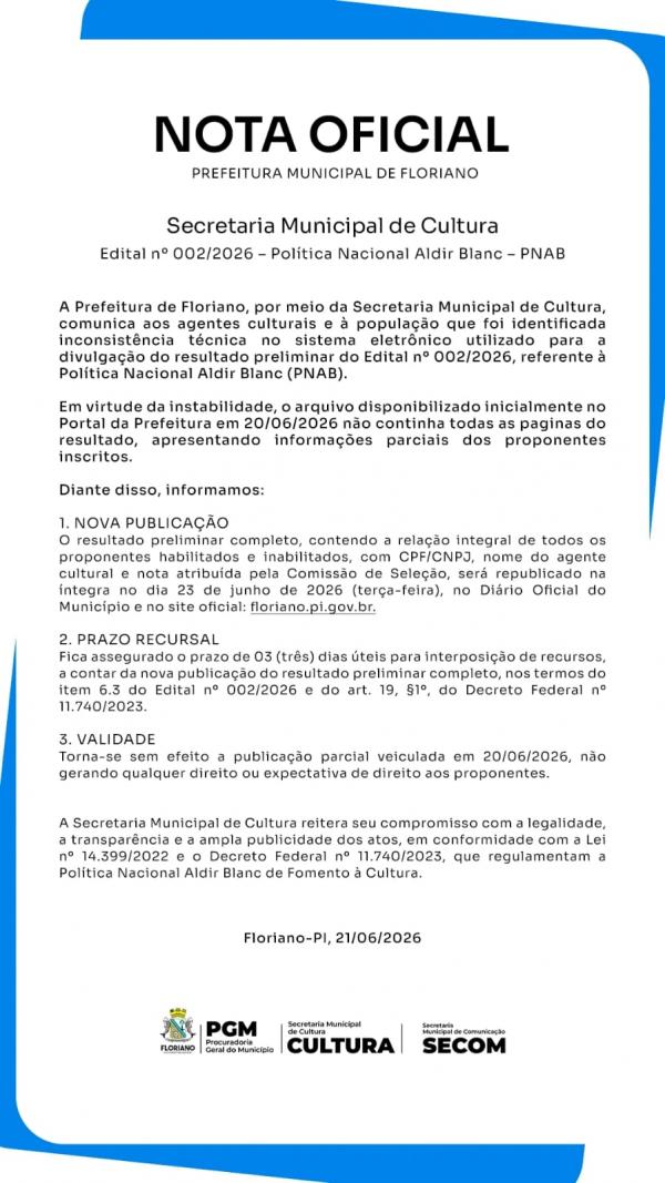 Prefeitura de Floriano republicar&aacute; resultado preliminar completo do edital da PNAB ap&oacute;s identifica&ccedil;&atilde;o de inconsist&ecirc;ncia t&eacute;cnica.(Imagem:Secom)