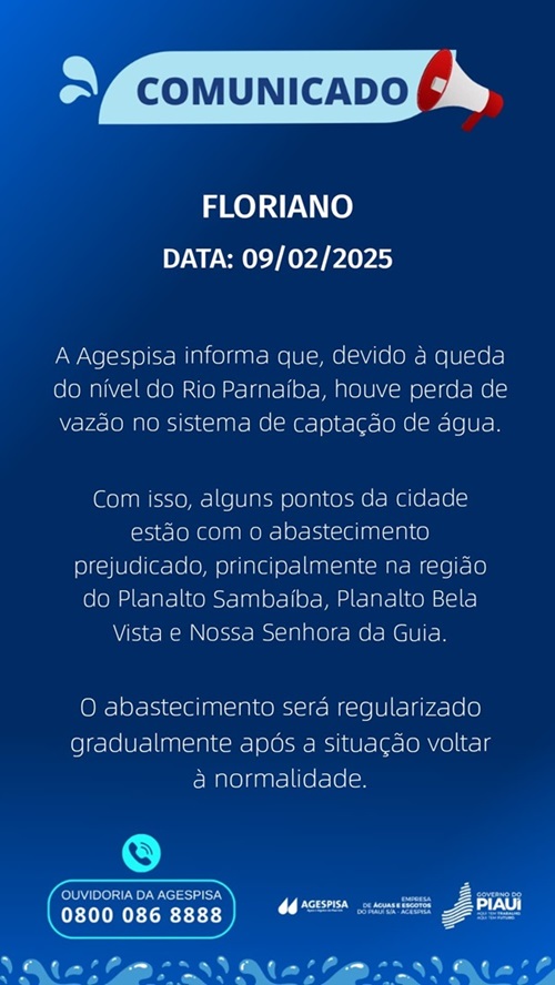 Redução no nível do Rio Parnaíba afeta abastecimento de água em Floriano neste domingo (09)