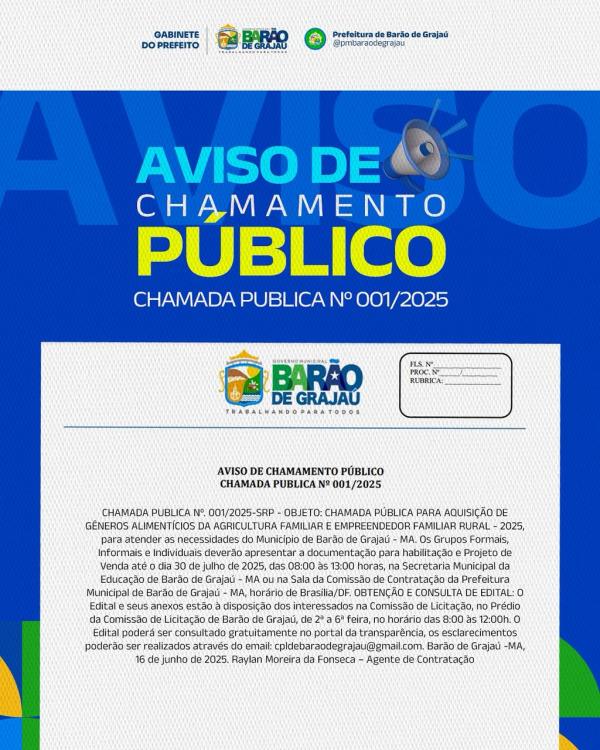 Barão de Grajaú lança chamada pública para aquisição de alimentos da agricultura familiar