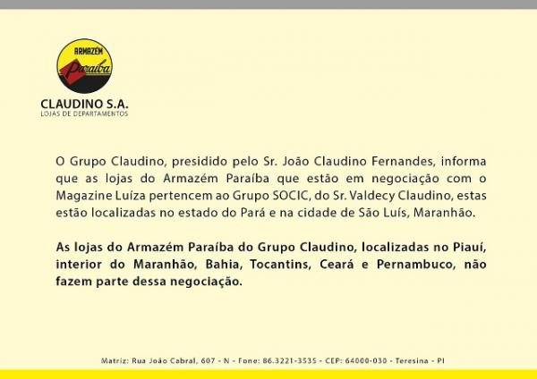 Armazém Paraíba esclarece equívoco sobre negociação de lojas do Grupo Claudino