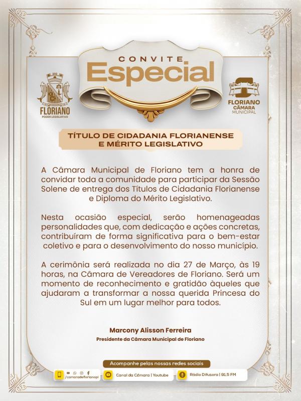 Câmara de Floriano realiza Sessão Solene para entrega de Títulos de Cidadania e Mérito Legislativo(Imagem:Divulgação)