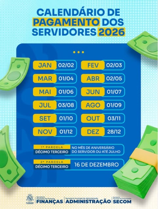 Prefeitura de Floriano divulga calendário de pagamento dos servidores para 2026