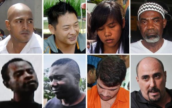 Montagem com fotos de oito dos condenados &agrave; morte por tr&aacute;fico na Indon&eacute;sia: acima, a partir da esquerda, os australianos Myuran Sukumaran e Andrew Chan, a filipina Mary Jane Veloso(Imagem:AFP Photo)