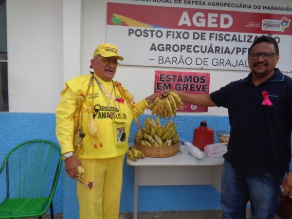 Servidores realizam ato e distribuem bananas em frente &agrave; AGED de Bar&atilde;o de Graja&uacute;.(Imagem:FlorianoNews)