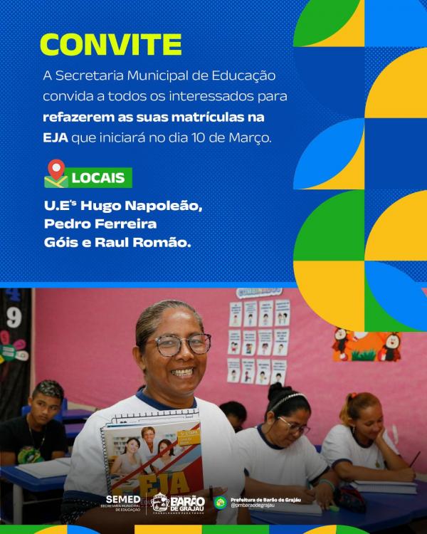 Secretaria de Educação convida para matrículas na EJA em Barão de Grajaú