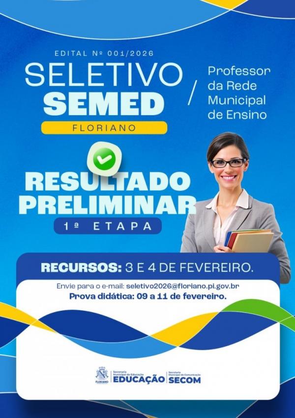 Educação de Floriano divulga resultado preliminar da 1ª etapa do processo seletivo para professores