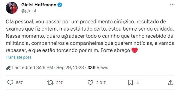 No Twitter, Gleisi tranquilizou apoiadores(Imagem:Reprodu&ccedil;&atilde;o/Twitter)