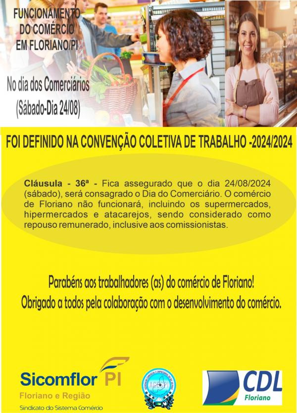 Comércio de Floriano fechará em 24 de agosto para comemorar o Dia do Comerciário