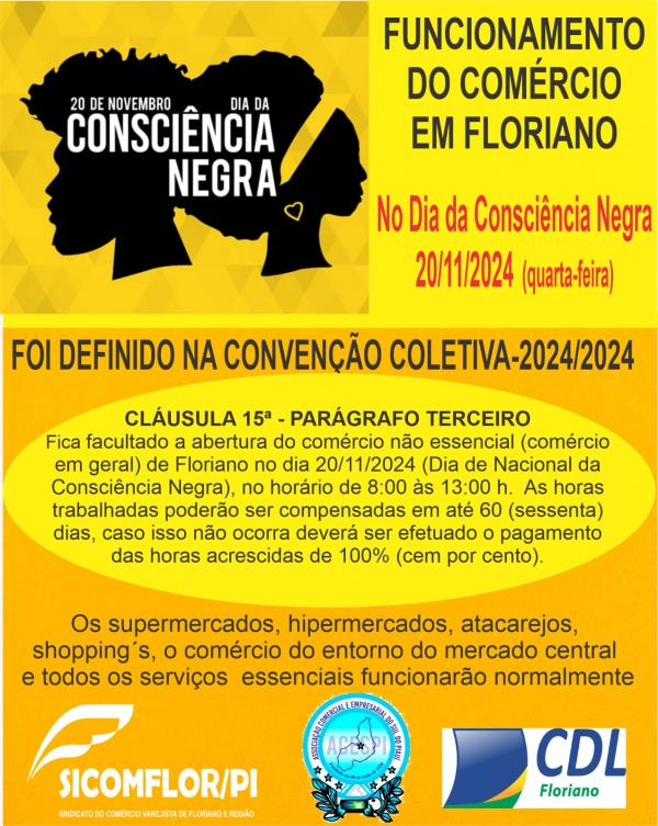 SICOMFLOR divulga funcionamento do com&eacute;rcio no feriado do Dia da Consci&ecirc;ncia Negra.(Imagem:Divulga&ccedil;&atilde;o)