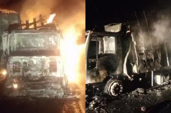 Caminhão é destruído após pegar fogo na BR-343, no Piauí; motorista sai ileso