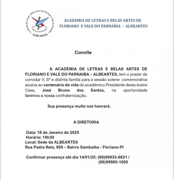 Albeartes celebra centen&aacute;rio de Jos&eacute; Bruno dos Santos com sess&atilde;o solene(Imagem:Divulga&ccedil;&atilde;o)