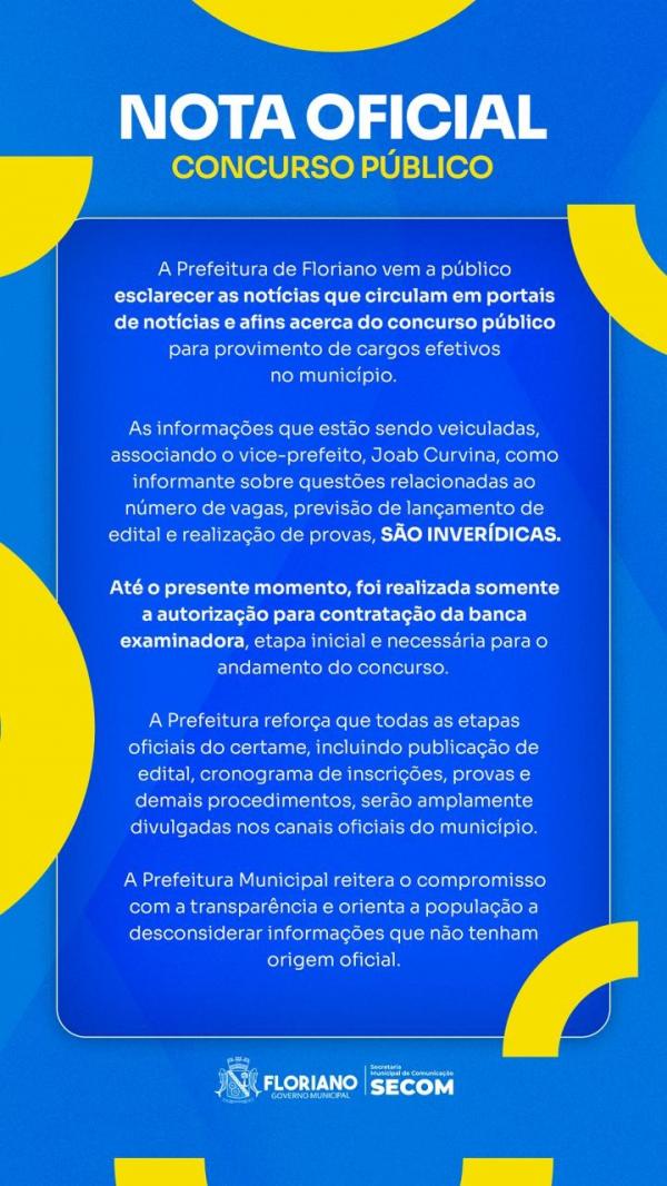 Prefeitura de Floriano esclarece informa&ccedil;&otilde;es sobre concurso p&uacute;blico.(Imagem:Secom)