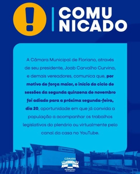 Câmara Municipal de Floriano adia início do ciclo de sessões para a próxima segunda-feira