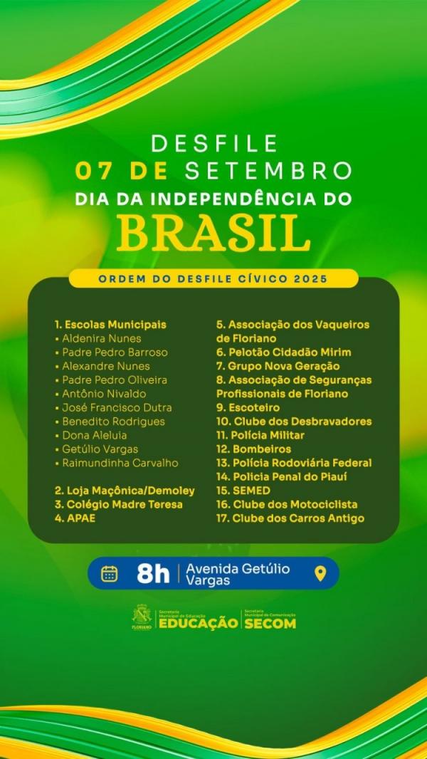 7 de setembro: Prefeitura de Floriano divulga ordem de apresentações do desfile cívico