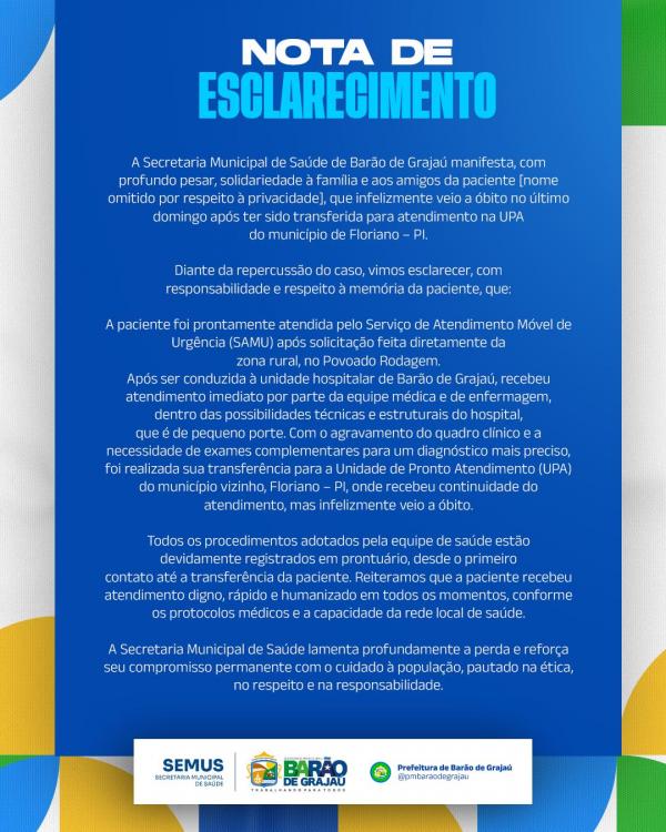 Secretaria de Sa&uacute;de de Bar&atilde;o de Graja&uacute; emite nota de esclarecimento sobre &oacute;bito de paciente transferida para Floriano.(Imagem:Divulga&ccedil;&atilde;o)