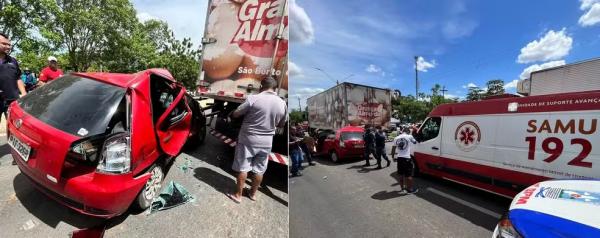 Colis&atilde;o causada por acidente deixou uma mulher ferida na BR-316.(Imagem:Aniele Brand&atilde;o/TV Clube)