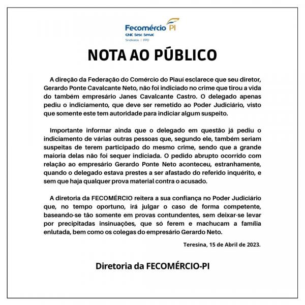 Fecomércio - NOTA AO PÚBLICO