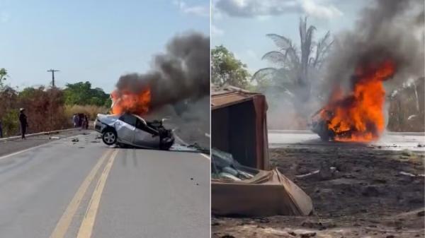 Quatro pessoas morrem em acidente entre carro e caminh&atilde;o bitrem na BR-343 em Angical do Piau&iacute;.(Imagem:Reprodu&ccedil;&atilde;o)