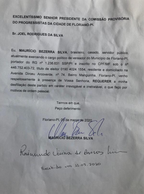  Vereador Maur&iacute;cio Bezerra confirma desfilia&ccedil;&atilde;o do partido Progressista.(Imagem:Divulga&ccedil;&atilde;o)