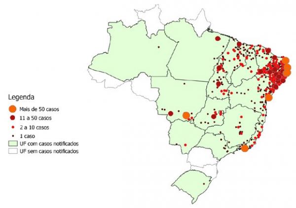 O mapa da distribui&ccedil;&atilde;o de casos de microcefalia associados ao zika em 2015.(Imagem:Minist&eacute;rio da Sa&uacute;de)