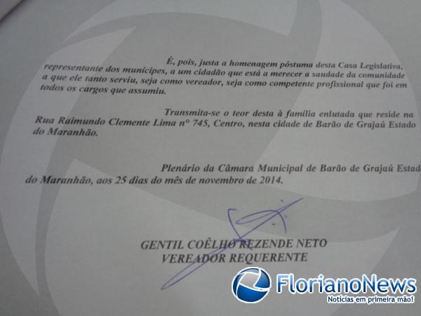C&acirc;mara de Bar&atilde;o de Graja&uacute; faz Mo&ccedil;&atilde;o de Pesar aos familiares de Gonzaga Carvalho.(Imagem:FlorianoNews)