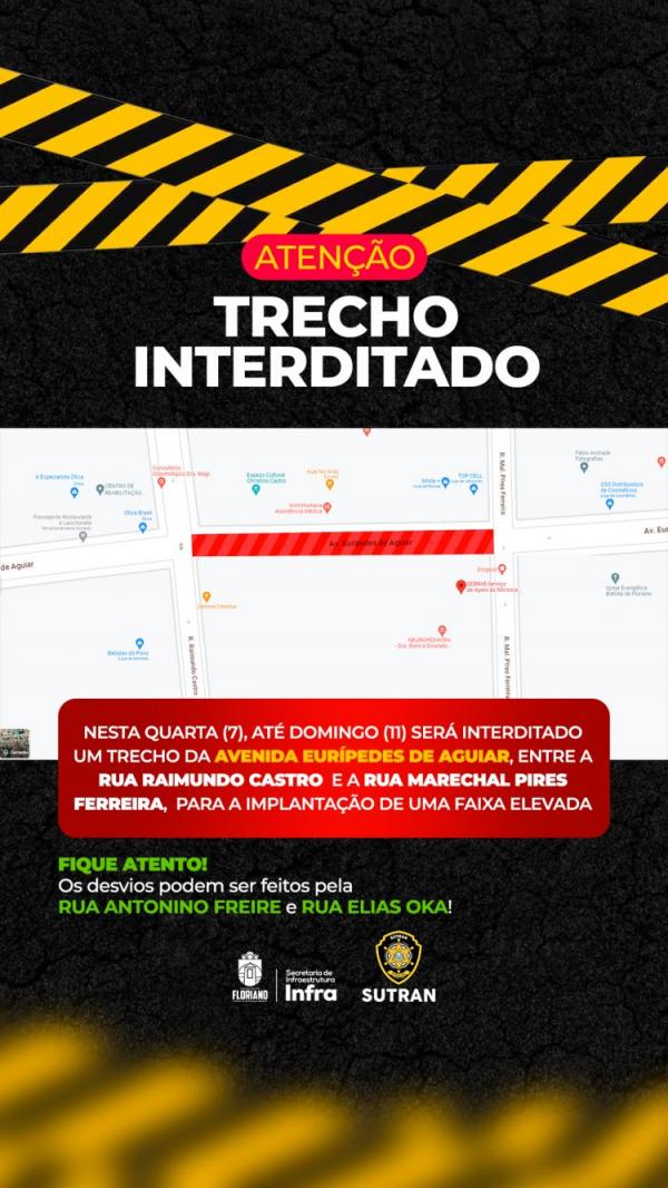 Floriano: Sutran interditará trecho da Av. Eurípedes de Aguiar para implantar faixa elevada