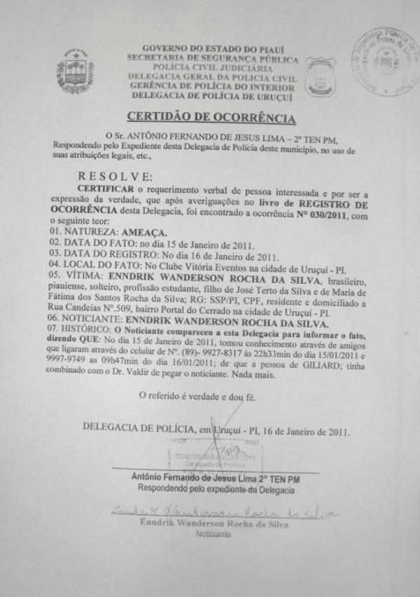 Boletim de ocorr&ecirc;ncia de Enndrik Wanderson(Imagem:Noticias de Uru&ccedil;ui)