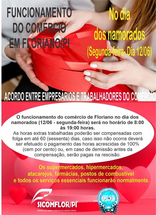 Floriano: Acordo amplia horário de funcionamento do comércio para o Dia dos Namorados