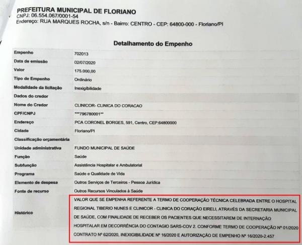 Nota de empenho emitida pela Prefeitura de Floriano sugere que Hospital manda pacientes com Covid-19 para a rede privada.(Imagem:Divulga&ccedil;&atilde;o)