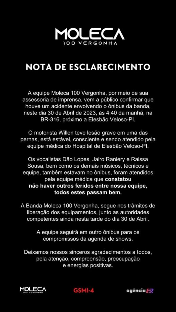 Nota de esclarecimento da banda(Imagem:Reprodu&ccedil;&atilde;o)