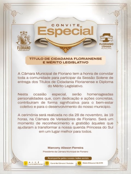 Câmara de Floriano convida para Sessão de entrega de Títulos de Cidadania e Mérito Legislativo
