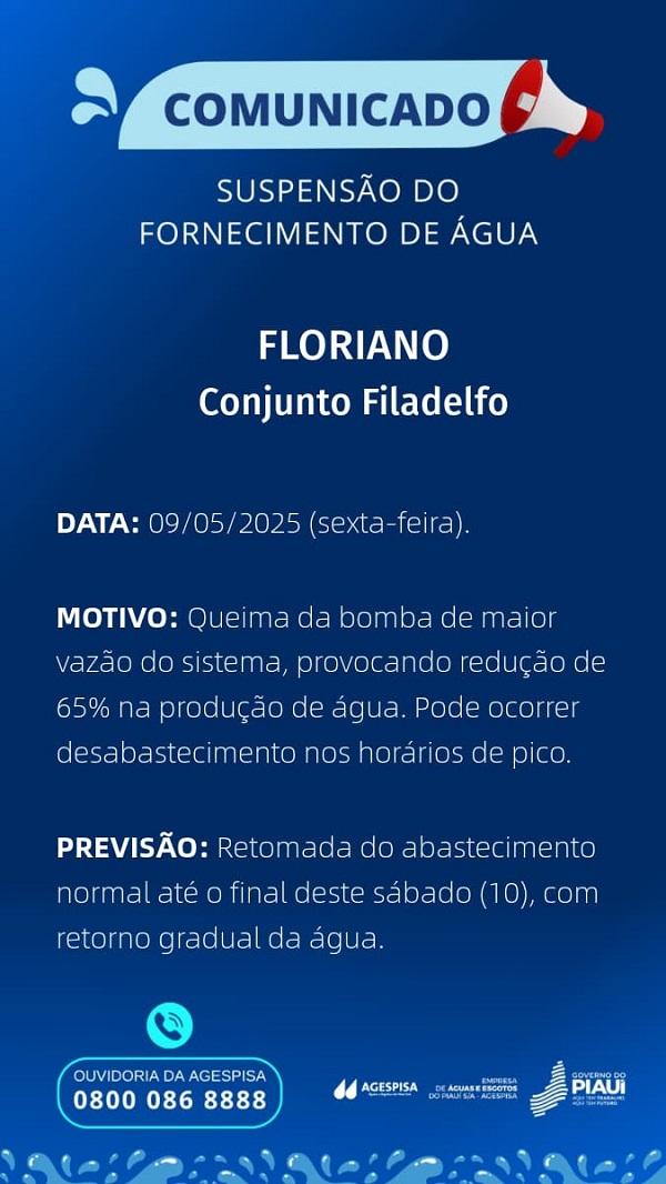 Agespisa comunica suspens&atilde;o tempor&aacute;ria do abastecimento de &aacute;gua no Conjunto Filadelfo, em Floriano.(Imagem:Divulga&ccedil;&atilde;o)