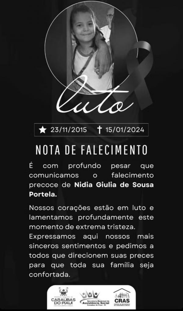 Prefeitura de Cara&uacute;bas do Piau&iacute; divulgou nota de pesar lamentando o falecimento de Nidia Giulia de Sousa Portela, de 8 anos.(Imagem:Divulga&ccedil;&atilde;o)