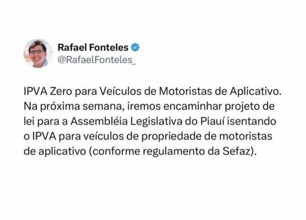 Rafael Fonteles anuncia projeto de lei que prevê isenção do IPVA de veículos de motoristas por aplicativo no Piauí(Imagem:Divulgação)