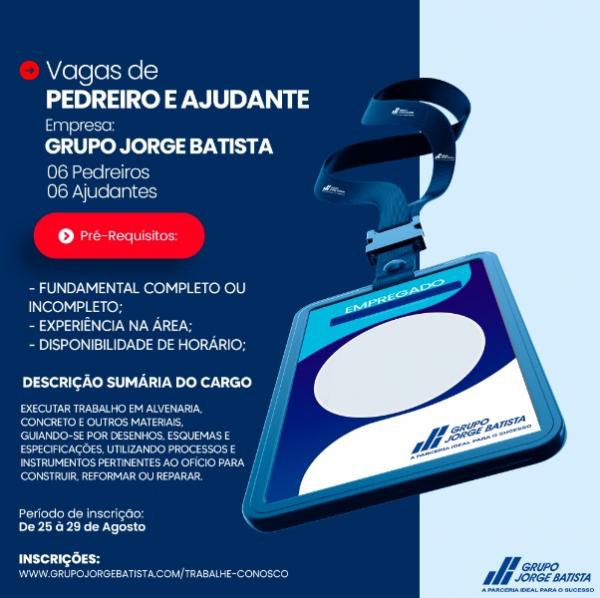 Oportunidade de emprego em Floriano: Vagas de pedreiros e ajudantes no Grupo Jorge Batista