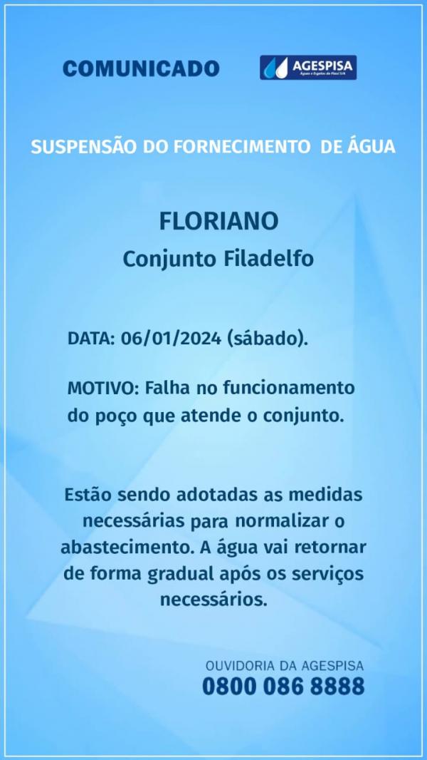 Agespisa informa sobre suspens&atilde;o e normaliza&ccedil;&atilde;o do abastecimento de &aacute;gua em Floriano(Imagem:Divulga&ccedil;&atilde;o )