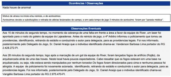 S&uacute;mula do jogo River-PI x Lajeadense.(Imagem: Reprodu&ccedil;&atilde;o/CBF)