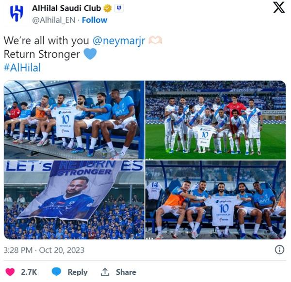 Jogadores posam com camisa 10 do brasileiro, que rompeu ligamentos do joelho esquerdo em jogo da sele&ccedil;&atilde;o brasileira(Imagem:Twitter/Al-Hilal)