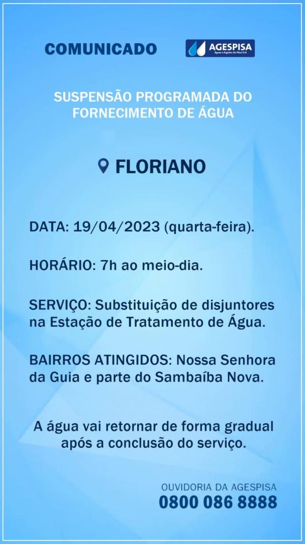 Bairros de Floriano terão suspensão programada do fornecimento de água para manutenção na ETA