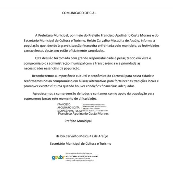 A decis&atilde;o foi divulgada pelo secret&aacute;rio municipal de Cultura e Turismo, Hecio Carvalho(Imagem:Reprodu&ccedil;&atilde;o)