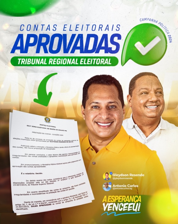 Justiça Eleitoral aprova contas de campanha de Gleydson Resende e Antônio Carlos
