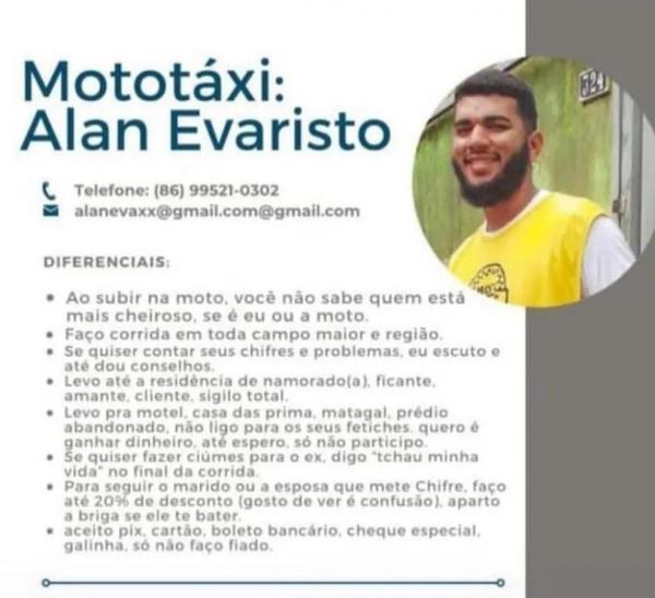  Flagrante de suposta trai&ccedil;&atilde;o motiva mototaxista a inovar na divulga&ccedil;&atilde;o no Piau&iacute;.(Imagem: Reprodu&ccedil;&atilde;o/Redes Sociais )
